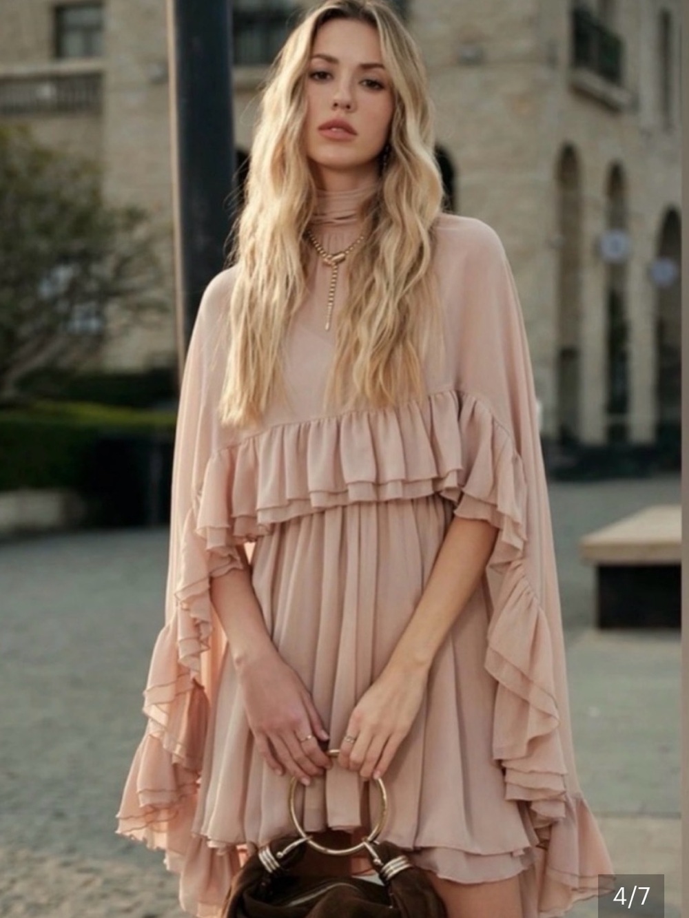 Commense Semi-Sheer Chiffon Ruffle Dress With Outer Cape XS